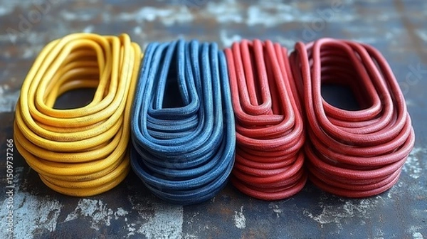 Fototapeta Colorful Rubber Bands Stacked on Textured Surface for Office Use