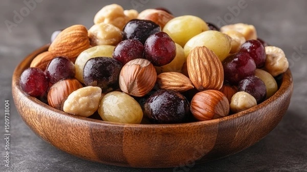 Fototapeta Colorful Assorted Nuts and Dried Fruits in a Wooden Bowl