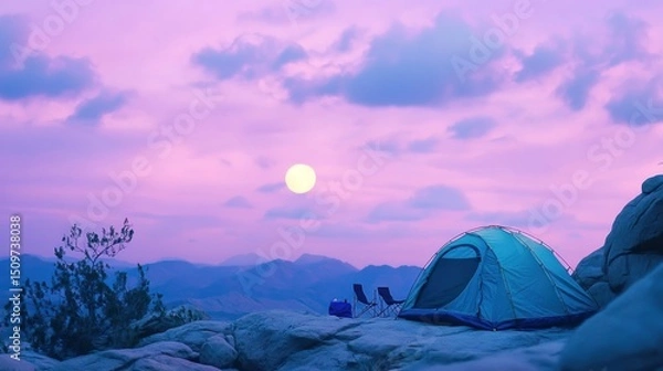 Fototapeta Serene Sunset Camping: A Majestic Mountaintop Tent Under a Lavender Sky