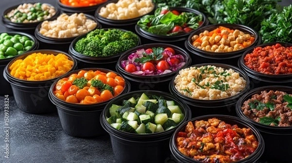 Fototapeta Colorful Assortment of Fresh Vegetables and Cooked Dishes in Bowls