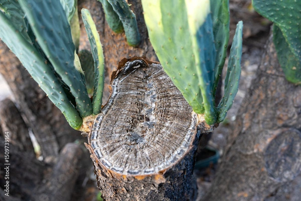 Obraz Close-up of a cactus stump with fresh green shoots sprouting from its cut surface. A raw, symbolic image of resilience, renewal, and natures cycle of life and survival.