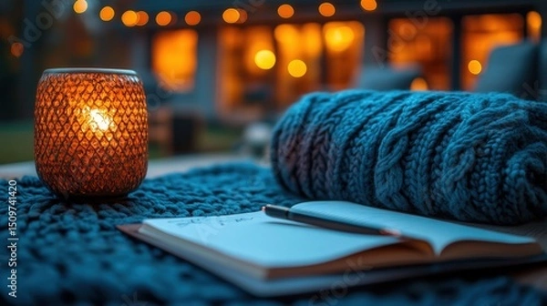 Fototapeta Cozy Evening with Candlelight and Knitted Blanket in Warm Atmosphere