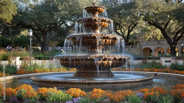 Obraz Multi-tiered fountain in landscaped park setting