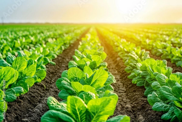 Fototapeta Lush green lettuce field under a bright sunset sky. Creative business ideas and sustainability concept.