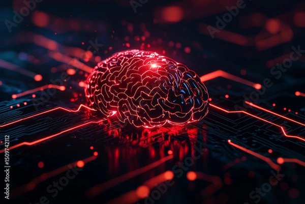Fototapeta Futuristic brain with circuitry and glowing elements on a dark background.