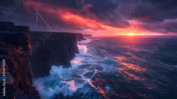 Fototapeta Dramatic sunset over rocky cliffs with turbulent ocean waves and lightning.