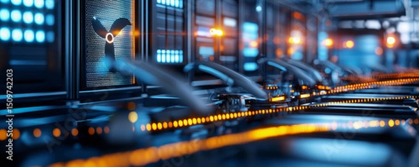 Fototapeta High-tech server room with illuminated equipment and cooling fans.
