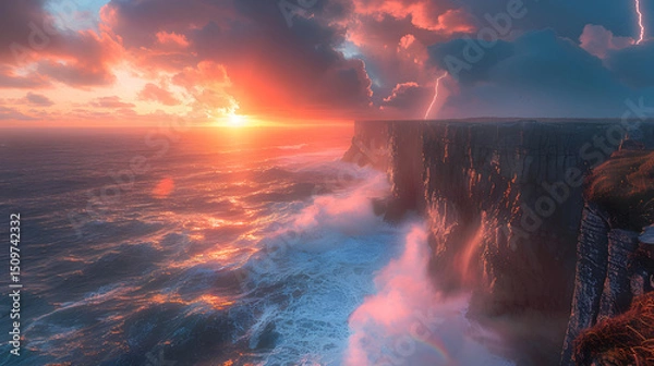 Fototapeta Sunset over cliffs with waves crashing against the shore.