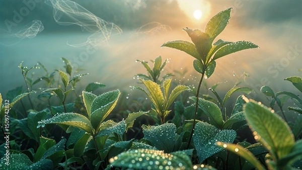 Obraz Mystical Morning Dew on Leaves at Sunrise