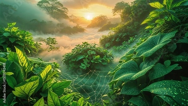 Obraz Mystical Morning Dew on Leaves at Sunrise