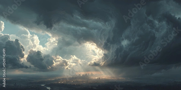 Fototapeta Dramatic clouds over a city skyline with rays of light breaking through.