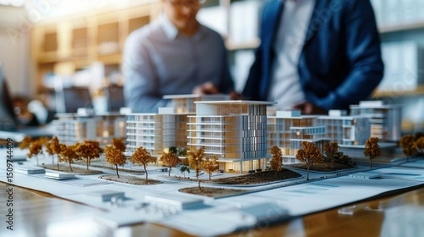 Obraz Two architects discussing a detailed architectural model of a modern building project.