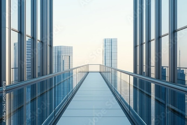 Fototapeta Sky bridge connecting modern skyscrapers with a clear view. Urban and architecture innovative buildings concept.