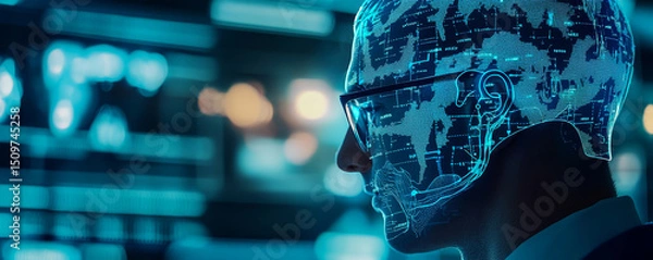 Fototapeta Silhouette of a person with digital data overlay against a blue backdrop.