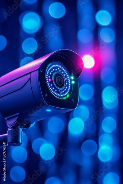 Fototapeta Surveillance camera with vibrant bokeh lights in the background.