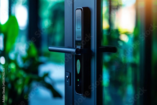 Fototapeta Smart door lock with modern design and greenery in the background