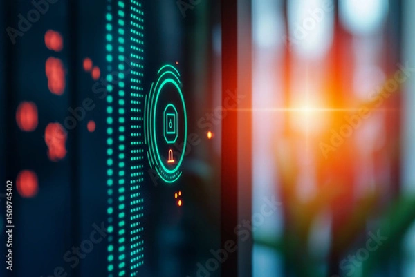 Obraz Digital display with glowing icons and abstract data visualization.