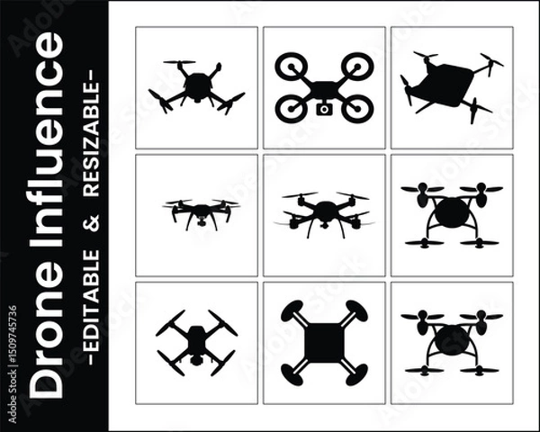 Fototapeta Collection Of Drone Silhouettes With Different Designs Vector Graphic Set