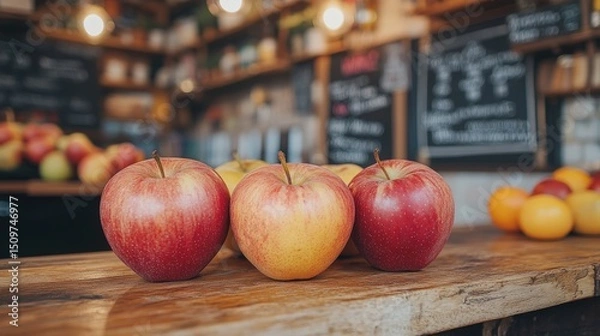 Fototapeta Fresh Red and Golden Apples on Wooden Counter in Market Setting