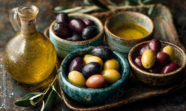 Obraz A photo of a bottle of extra virgin olive oil next to a ceramic bowl filled with a variety of olives arranged in a beautiful and harmonious way.