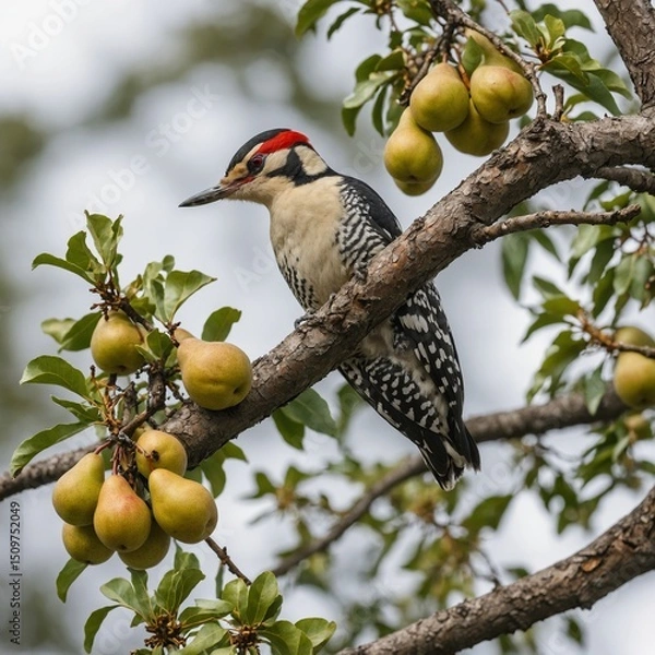 Fototapeta A woodpecker perched on a pear tree branch, white background
