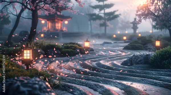 Fototapeta Serene pathway with lanterns in a tranquil garden setting.