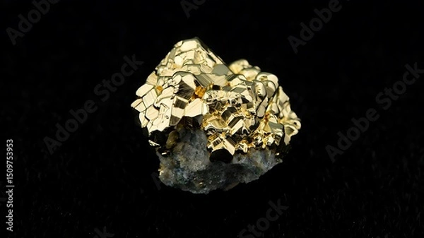 Fototapeta Golden Pyrite Cluster Specimen on Matrix Fool s Gold Mineral on Black Background