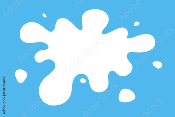 Fototapeta Milky splash on a blue background, vector illustration, flat design. Spilled milk, an abstract organic stain with splashes. An element of a natural product for decoration, design, label with an empty 