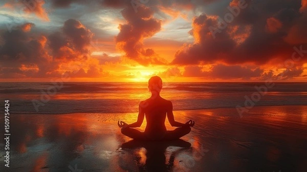 Fototapeta Serene Sunset Meditation by the Ocean with Vibrant Clouds and Waves