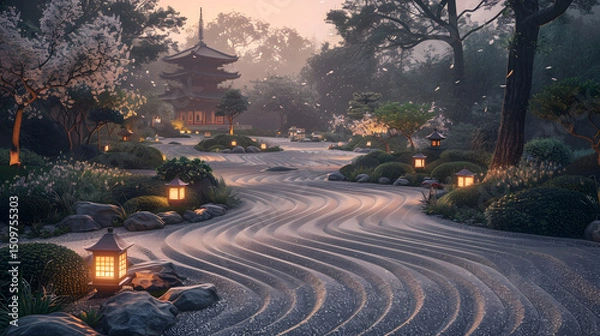 Fototapeta Serene garden scene with a pagoda at dusk, illuminated by lanterns.