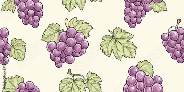 Fototapeta Seamless pattern background featuring hand-drawn grapes for textile and surface design or use as a digital paper for craft projects