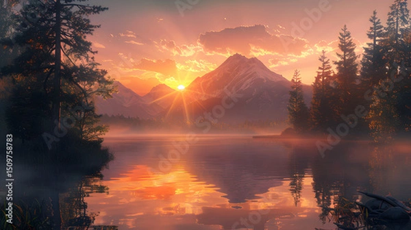 Fototapeta Majestic mountains reflected in a serene lake at sunset.