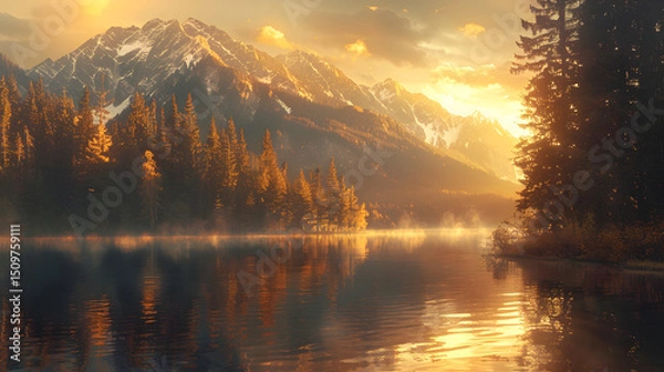 Fototapeta Majestic mountains reflected in a serene lake at sunset.