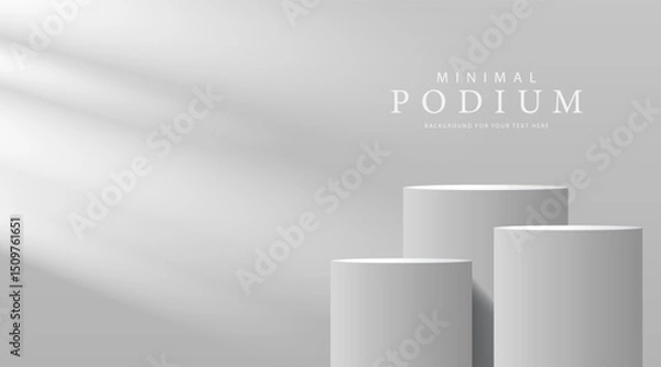 Obraz 3D product Minimal display stand, white circle on gray background. Abstract geometric shapes in a simple design. Fashion stage mockup scene. Studio product display stand. Product advertising stand