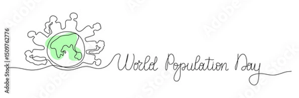 Fototapeta World Population Day one line art background with planet Earth, globe and man woman silhouette. Editable stroke hand drawn lettering. Text banner template. Outline drawing with typography