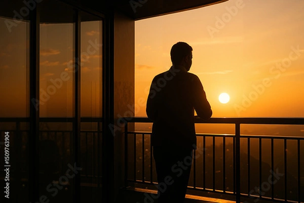 Obraz Silhouette of man standing on balcony at sunset overlooking city