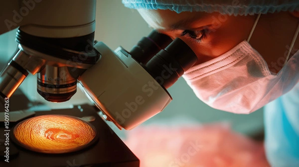 Fototapeta Scientist Examining Artificial Cornea Under Microscope in Laboratory Setting