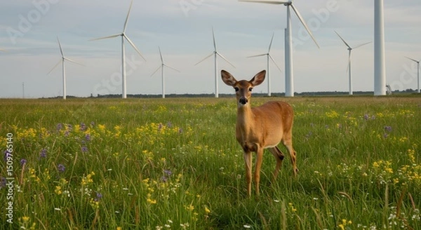 Obraz Whitetail Deer in a Wildflower Meadow with Wind Turbines