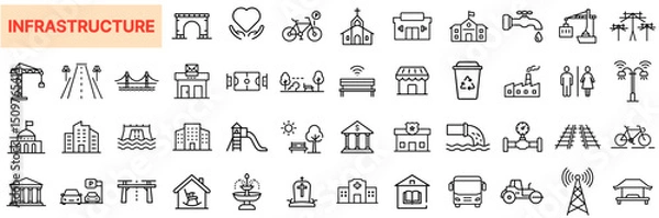Obraz Infrastructure and Public Facility Line Icon Design Featuring Roads, Bridges, Buildings, Parks, Utilities, Transportation, Construction, Communication Towers, Power Lines, Civic Structures, and Urban 