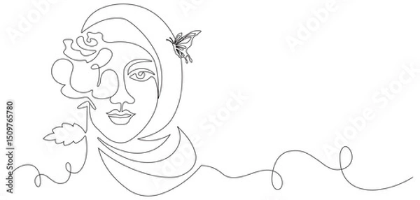 Fototapeta Trendy abstract single line hijab woman face with flowers and leaves. Continuous line print for poster, logo and more