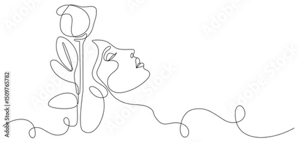 Fototapeta Trendy single line abstract woman face with flowers and leaves. Continuous line print for poster, logo and more