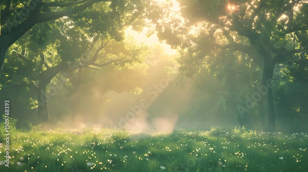 Fototapeta Enchanted forest with sunlight filtering through the trees.