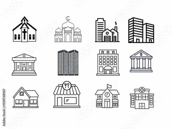 Obraz Set of building, church, hotel, city, bank, shop, mosque, school icon isolated on white background.