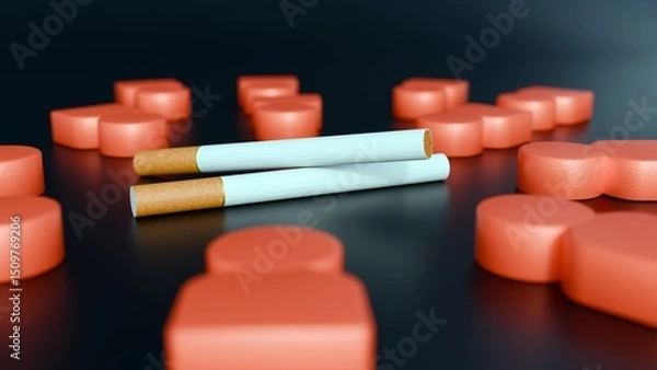 Fototapeta A 3d rendering of a cigarette and numerous human-like figures or shapes, suggesting that people are affected by or immersed in a smoking environment.