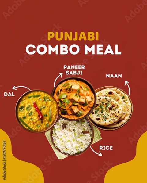 Fototapeta combo meal of combo meal, 
dal rice sabji and naan combo meal