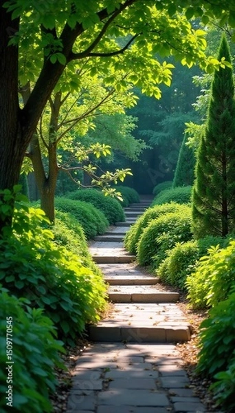 Fototapeta A winding garden path bordered by lush greenery, leading to a tranquil destination Sunlight filters through leaves, creating dappled shade on the stone pathway , plants, dappled light