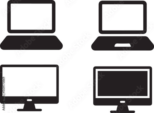 Fototapeta omputer icon set, TV Monitor & Laptop Silhouette Icon Set – Vintage and Modern Media Devices.