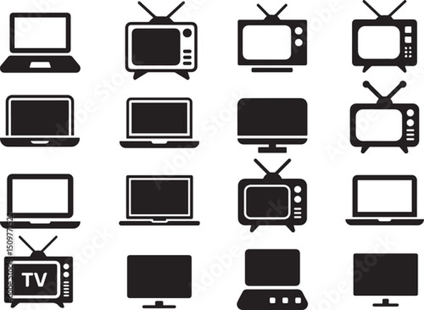 Fototapeta omputer icon set, TV Monitor & Laptop Silhouette Icon Set – Vintage and Modern Media Devices.