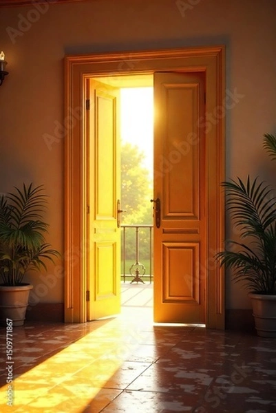Fototapeta A brightly lit, open doorway welcomes you into a warm and inviting space, bathed in sunlight Perfect for concepts of new beginnings, opportunity, and hospitality , bright, interior design