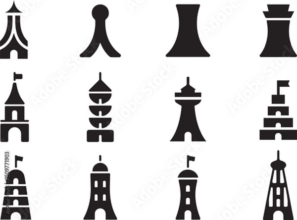 Fototapeta Tower Silhouette Vector Icon Set, Tower Architecture Silhouette Vector Icon Set.